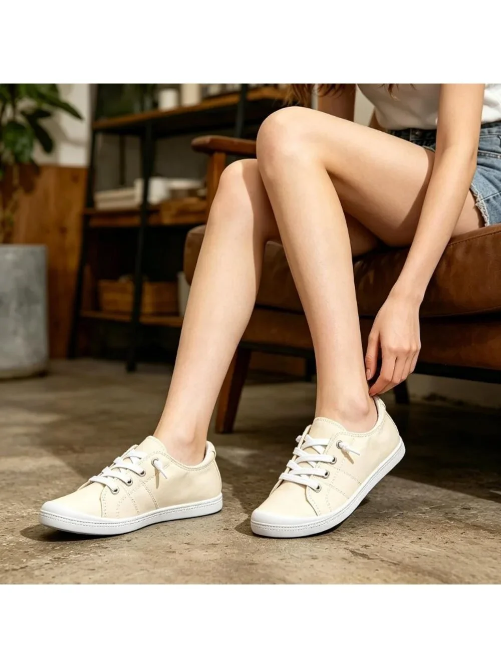 Women's Beige Canvas Low Top Casual Classic Non Slip Rubber Outsole Flat Sneaker